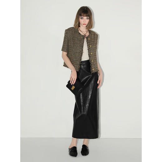 COCOBELLA纹理感PU皮通勤高腰半身裙重工绗线开叉长裙HS137B 商品图3