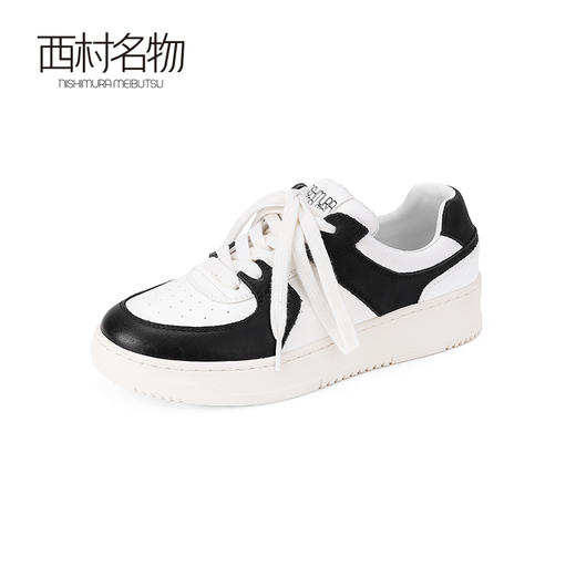 西村名物2024春季新品真皮时尚休闲鞋平底黑白经典撞色熊猫板鞋女T24AM11311 商品图2