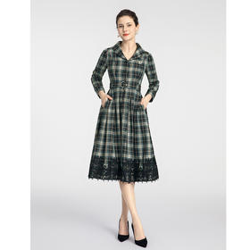 司歌格纹修身长袖复古收腰风衣连衣裙R881043