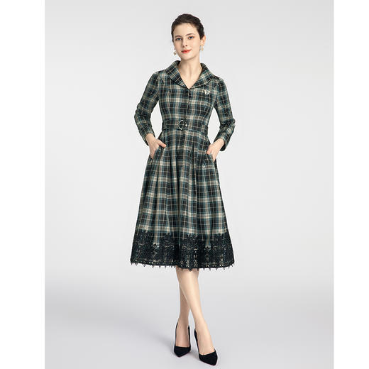 司歌格纹修身长袖复古收腰风衣连衣裙R881043 商品图0