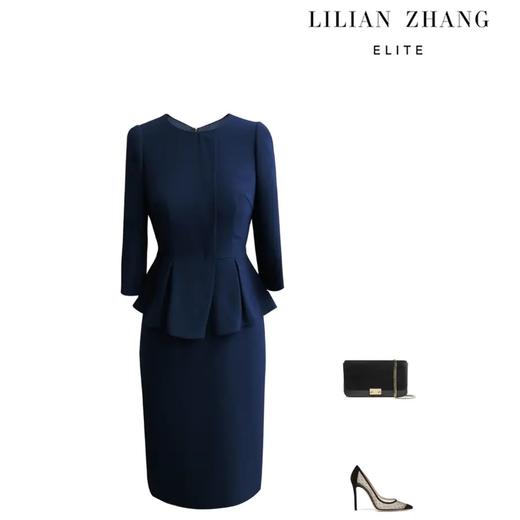 端庄优雅圆领假两件连衣裙 - 时尚通勤修身职业装中长裙 2001028 商品图2