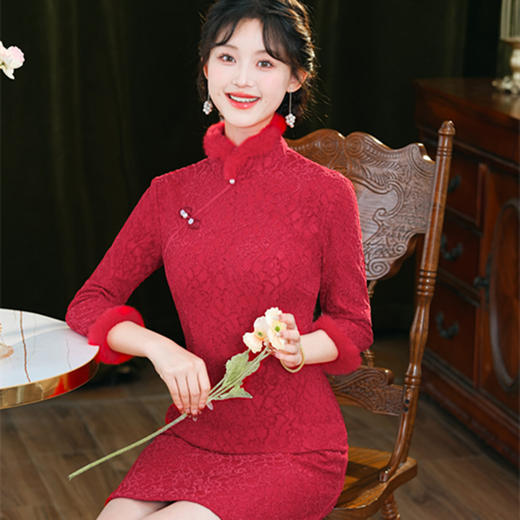 A271023高档旗袍连衣裙红色秋冬新款加绒加厚气质改良版旗袍短款喜庆红装 商品图0