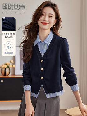 【年终特卖】熙世界学院风假两件条纹POLO衬衫领上衣叠穿卫衣2025秋装新款