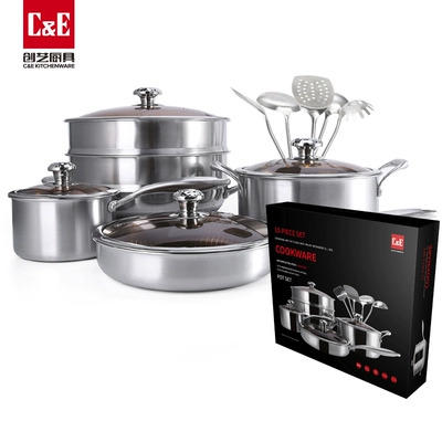 C&E创艺厨具304不锈钢锅具15件套炒锅煎锅奶锅汤锅烹饪铲汤勺套装/厨房刀具六件套商务礼品套装 商品图1