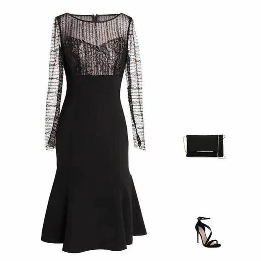 尽显优雅长袖蕾丝连衣裙 - 名媛风收腰显瘦性感礼服裙  1701087 商品图0