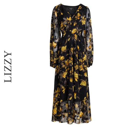 LIZZY 优雅浪漫印花V领灯笼长袖高腰大摆设计感连衣裙7919 商品图4