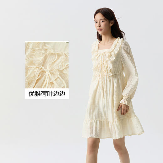 森马连衣裙女荷叶边蝴蝶结浪漫春季新款甜美方领肌理裙子温柔 商品图3