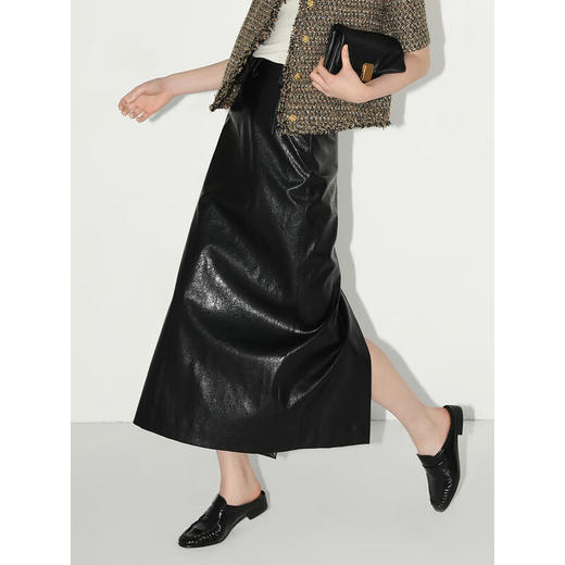 COCOBELLA纹理感PU皮通勤高腰半身裙重工绗线开叉长裙HS137B 商品图1