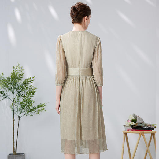 EITIE爱特爱法式V领优雅气质收腰显瘦百褶网纱亮丝连衣裙24春新款A2407337 商品图4