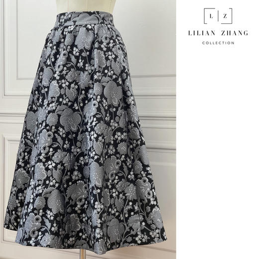 定制—复古轻奢时尚高腰织锦A黑色气质蕾丝半身长裙优雅2203004 商品图1