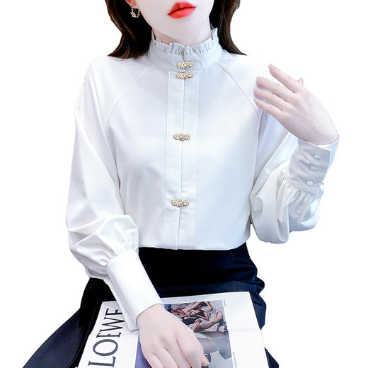 KQL-323H779配马面裙的衬衣白色长袖新中式上衣女2024年春款改良汉服国风衬衫 商品图4