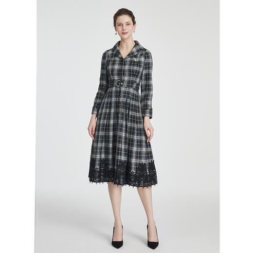 司歌格纹修身长袖复古收腰风衣连衣裙R881043 商品图2