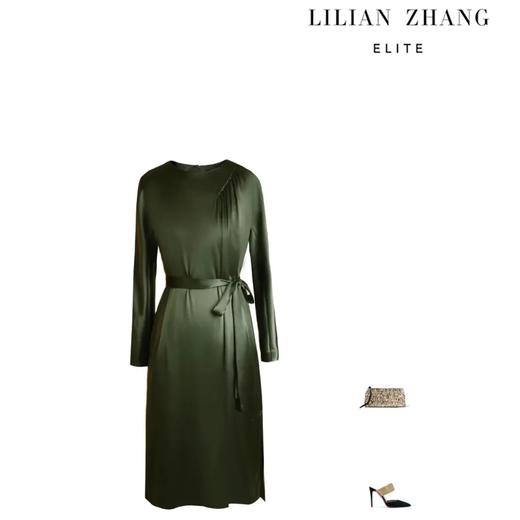 ELITE缎面束腰抽褶连身裙 - 优雅复古段光感纯色中长裙   1901045 商品图2