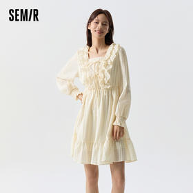 森马连衣裙女荷叶边蝴蝶结浪漫春季新款甜美方领肌理裙子温柔