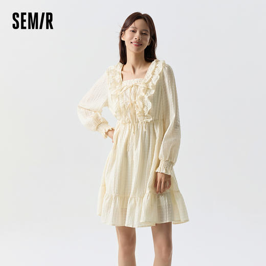 森马连衣裙女荷叶边蝴蝶结浪漫春季新款甜美方领肌理裙子温柔 商品图0