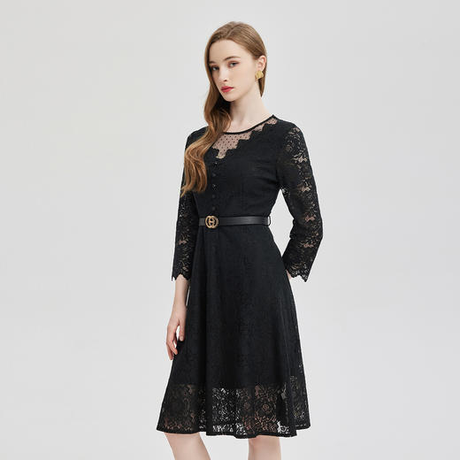 PE802斯尔丽2024新款法式浪漫蕾丝通透领口收腰连衣裙 商品图2