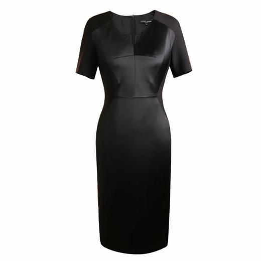 缎面拼接设计中短袖连衣裙、黑色礼服气质宴会修身名媛  1801052 商品图0