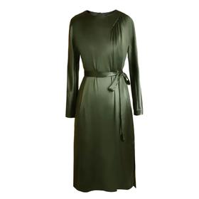 ELITE缎面束腰抽褶连身裙 - 优雅复古段光感纯色中长裙   1901045