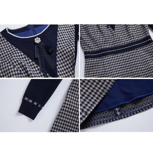 司歌假两件弹力格纹连衣裙长袖圆领冬女收腰显瘦A881172 商品图1