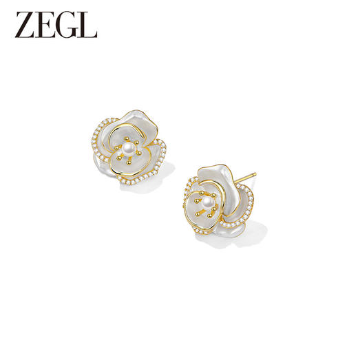 ZEGL法式山茶花朵人造珍珠耳环女高级感秋冬复古耳钉925银针耳饰 商品图0