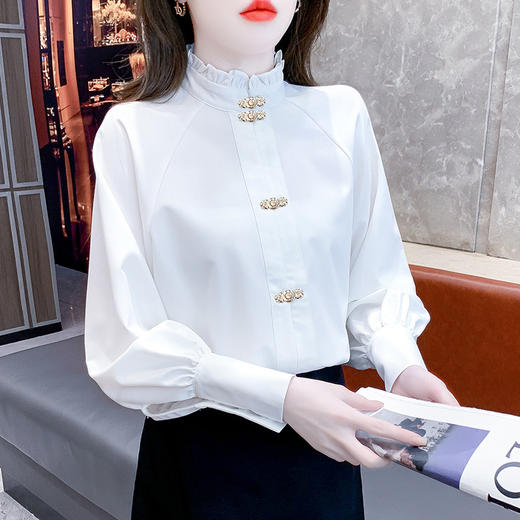 KQL-323H779配马面裙的衬衣白色长袖新中式上衣女2024年春款改良汉服国风衬衫 商品图3