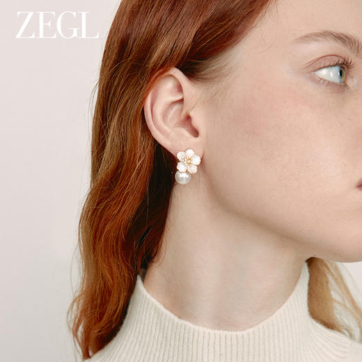 ZEGL山茶花朵人造珍珠耳环法式2024新款轻奢高级感耳钉银针耳饰品 商品图2