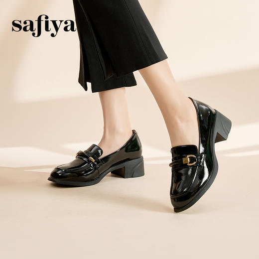 Safiya/索菲娅2024春季新品复古金属扣漆皮一脚蹬粗跟英伦乐福鞋 SF41112078 商品图5