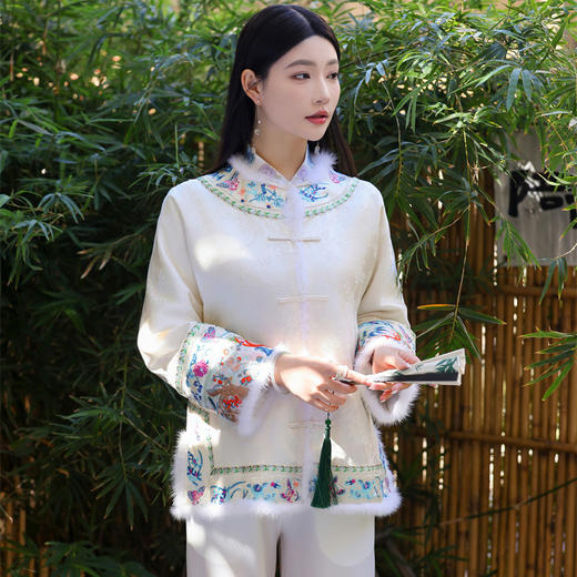 FLZD-23199新中式凤喜刺绣毛边拼接夹棉上衣女复古盘扣醋酸缎面上衣23199 商品图2