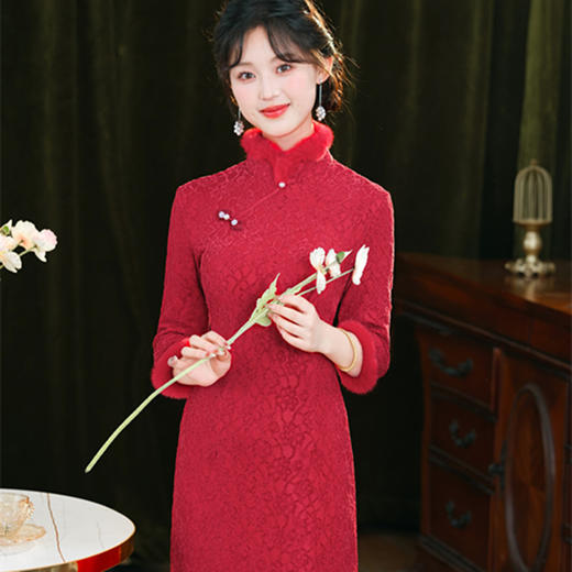 A271023高档旗袍连衣裙红色秋冬新款加绒加厚气质改良版旗袍短款喜庆红装 商品图3