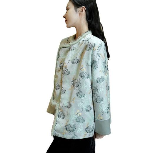 FLZD-A9629冬季新中式真丝提花棉服棉衣女新品国潮侧襟珠扣水貂毛外套女 商品图4