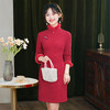 A271023高档旗袍连衣裙红色秋冬新款加绒加厚气质改良版旗袍短款喜庆红装 商品缩略图1