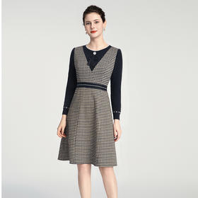 司歌假两件弹力格纹连衣裙长袖圆领冬女收腰显瘦A881172