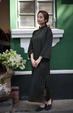 漫物记喇叭袖三粒扣香云纱旗袍xys-173