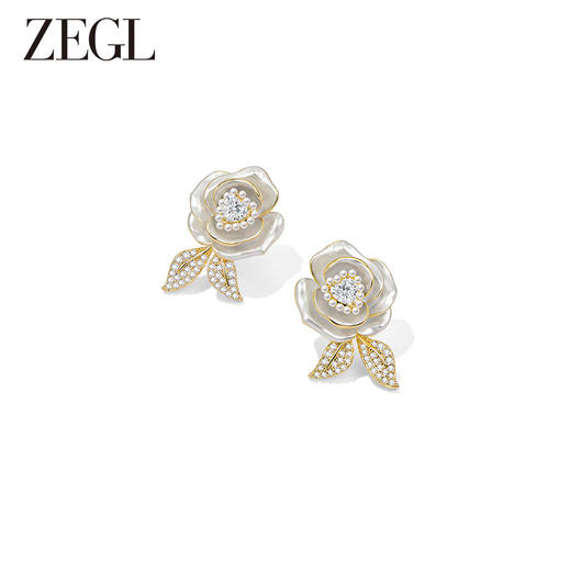 ZEGL法式山茶花朵人造珍珠耳环女轻奢高级感秋冬复古耳钉银针耳饰 商品图1