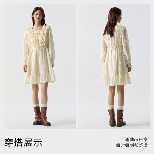 森马连衣裙女荷叶边蝴蝶结浪漫春季新款甜美方领肌理裙子温柔 商品图2