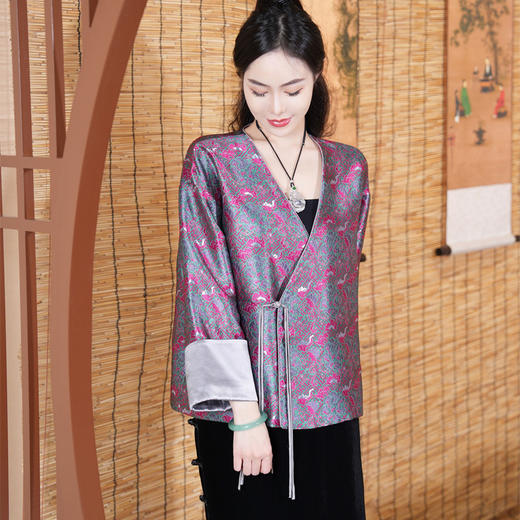 FLZD-A9595秋季新款高端宋锦面料新中式斜襟盘扣风衣外套宽松时尚女个性上衣 商品图4