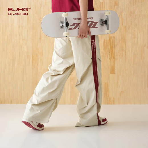 BJHG不计后果春美式拼色织带休闲裤子男潮梭织长裤阔腿堆叠伞兵裤 商品图5