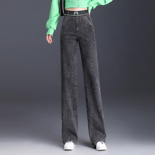 MYX-BFZY-9545-L秋款长款简约宽松休闲时尚牛仔裤松紧腰气质修身大码阔腿裤 商品图1