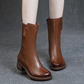 ALBB-靴子2023秋冬季新款真皮女式皮靴粗跟水洗头层软牛皮小圆头中筒靴