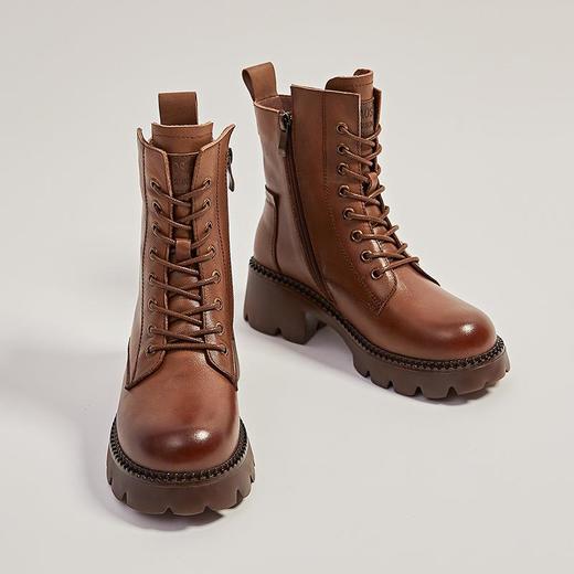 发泡底真皮马丁靴女2023秋冬新款加绒高跟瘦瘦靴女休闲复古短靴女 商品图0