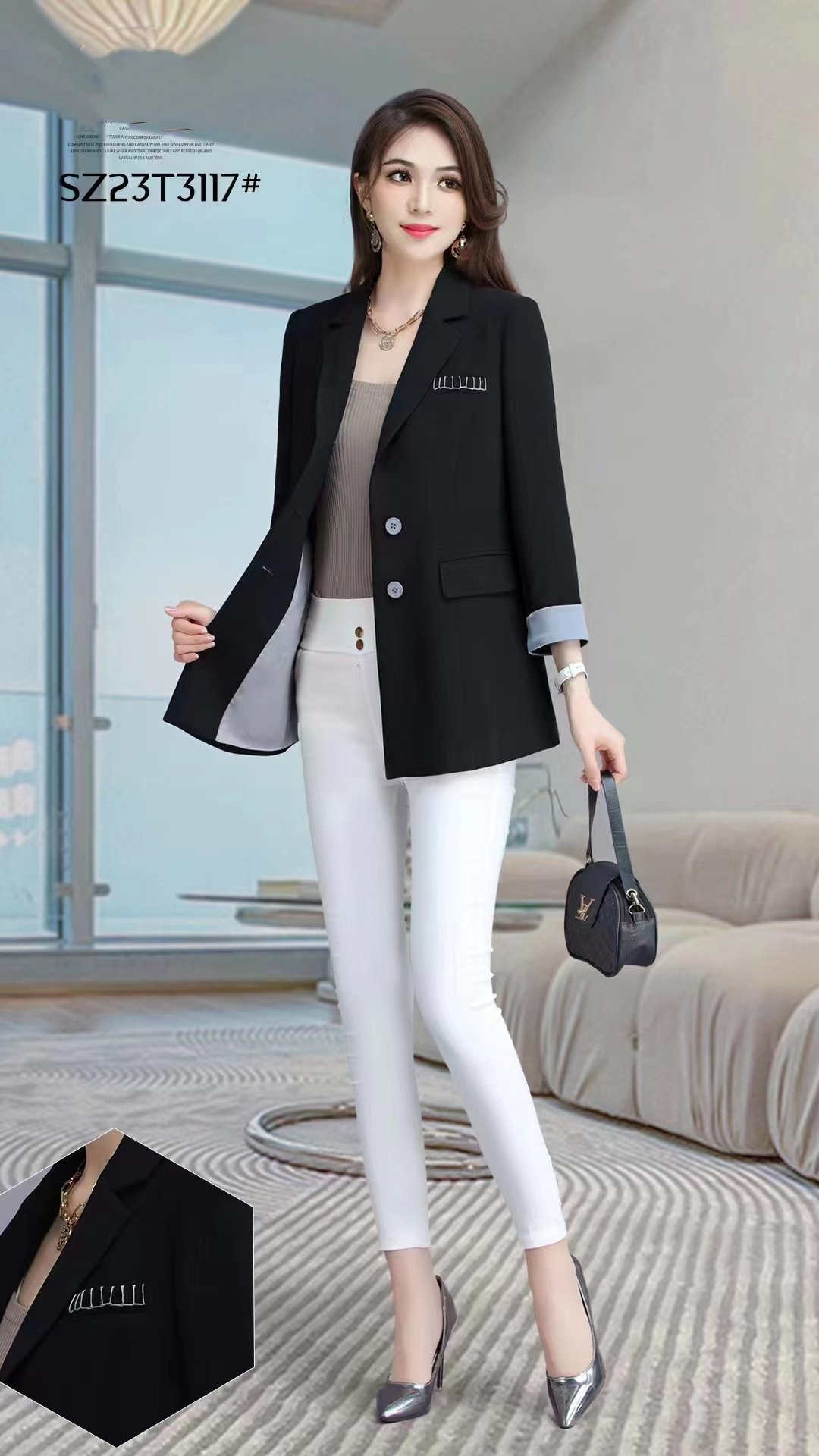 A7075       时尚撞色垂感中长款通勤百搭西装外套