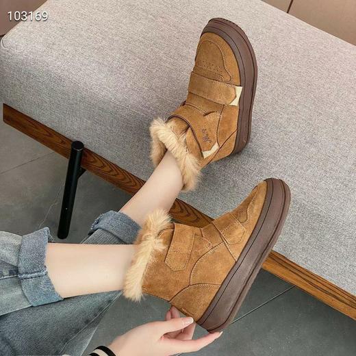 【48小时发货】【兔毛】磨砂牛皮厚底雪地靴女加绒冬季新款魔术贴软底防滑保暖大棉鞋 商品图1