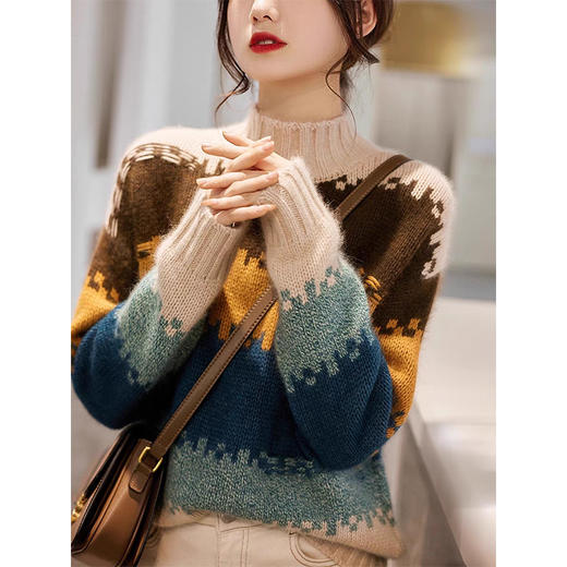 【色彩大师】100纯山羊绒重磅加厚嵌花羊绒拼色毛衣女CYR23148 商品图2