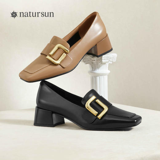natursun粗跟单鞋女年秋季黑色高跟鞋女鞋百搭软底乐福鞋N24123821 商品图3
