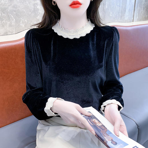 KQL-768春季新款法式小香风拼接丝绒衬衫女设计感洋气打底衫 商品图2
