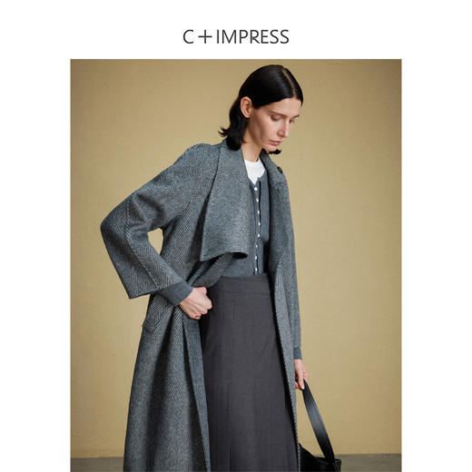 DY2304076西嘉C+IMPRESS/西嘉人字纹双面呢大衣女羊驼贝贝围巾领羊毛外套 商品图0