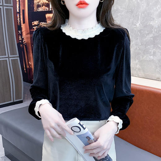 KQL-768春季新款法式小香风拼接丝绒衬衫女设计感洋气打底衫 商品图3