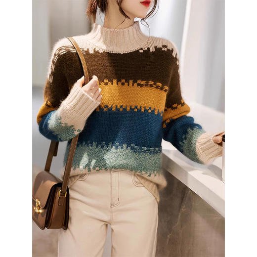 【色彩大师】100纯山羊绒重磅加厚嵌花羊绒拼色毛衣女CYR23148 商品图1
