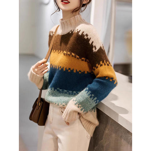 【色彩大师】100纯山羊绒重磅加厚嵌花羊绒拼色毛衣女CYR23148 商品图3