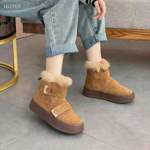 【48小时发货】【兔毛】磨砂牛皮厚底雪地靴女加绒冬季新款魔术贴软底防滑保暖大棉鞋 商品图0